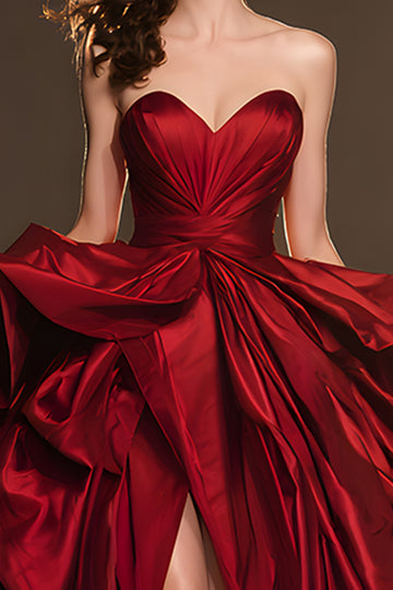 Dark Red A-Line Strapless Ruched Pageant Dress With Slit